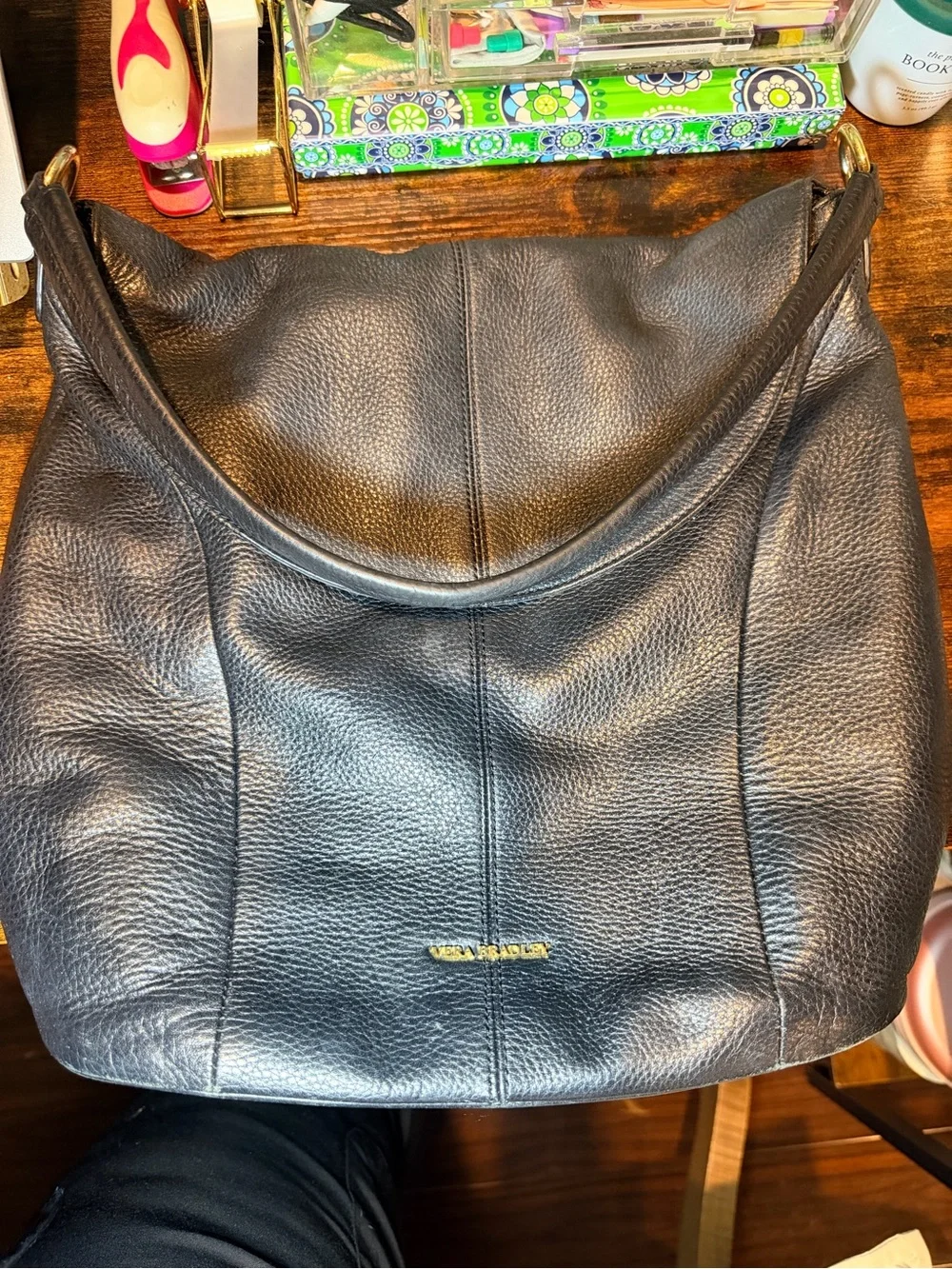 Vera Bradley Black Pebbled Leather Hobo with Gold Logo